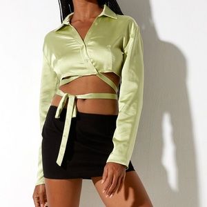 Motel Rocks Elyse Satin Crop Long Sleeve Tie Up Top in Green Wrap Blouse y2k